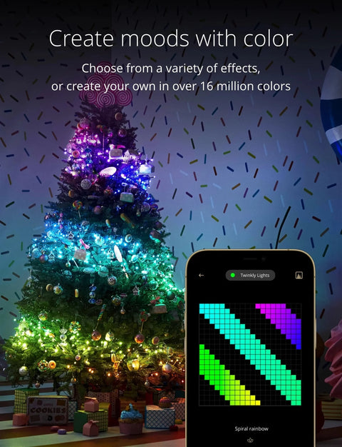 Strings App Controlled Green Wire Christmas Light String Indoor and Outdoor Smart Home Lighting Decoration, Multicolor, 100 RGB LED, 26.2Ft